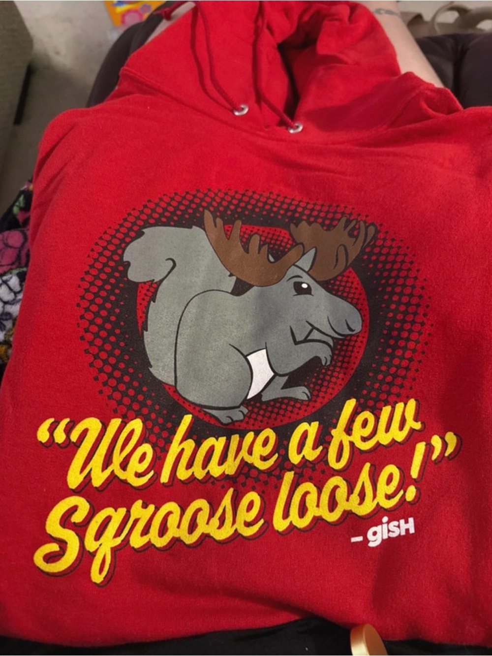 Red Pullover Hoodie with Moose-Squirrel Graphic and Yellow Script